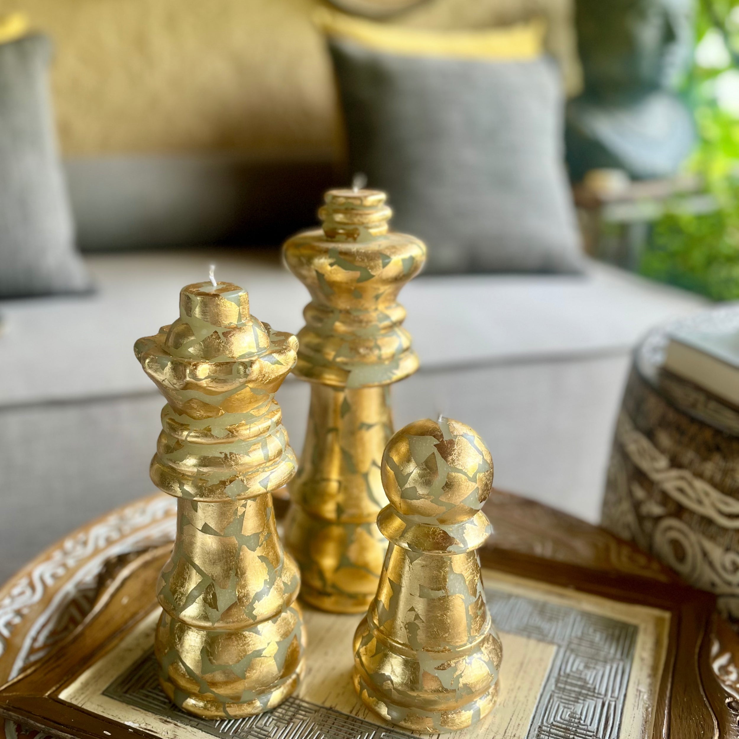 Sculpted Gold Leaf Chess Candles